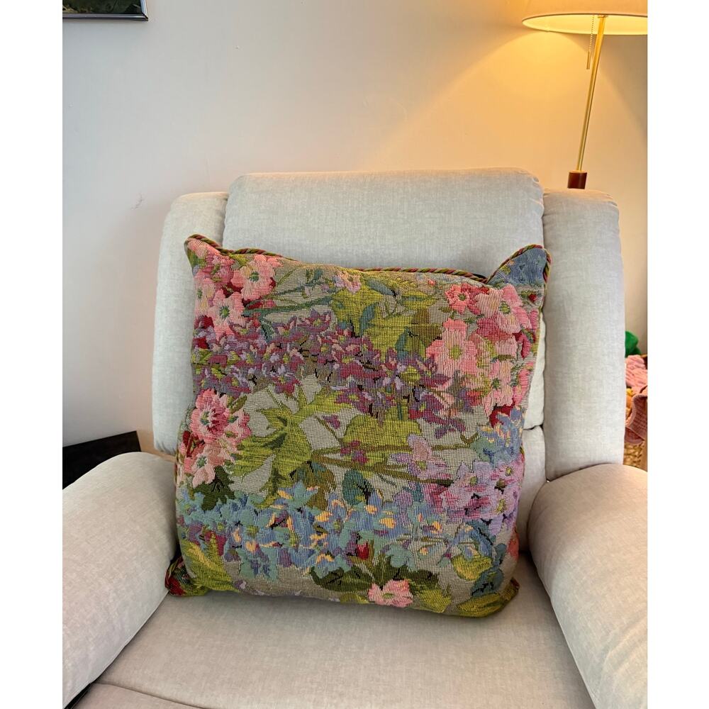 Anichini Large Floral tapestry Pillow | Roped Edge Trim Pink purple floral 25x25